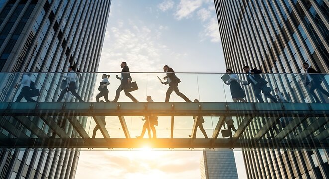 Silhouettes of business people walking on a modern glass skybridge connecting two office buildings at sunset.