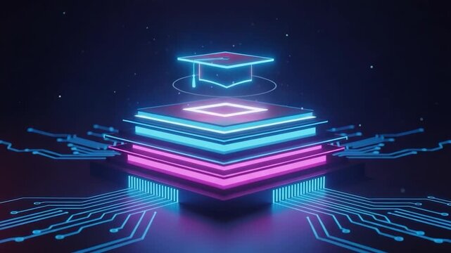 Digital Academic Hub: A neon-lit concept of an electronic CPU, topped by a cap, representing the core of education and intellect in the digital age.