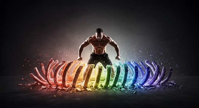 Bodybuilder posing above broken rainbow archway isolated on dark background