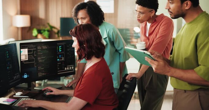 Business people, coach or tablet with team for programming, coding or app discussion in office. Group, employee or mentor with technology or staff for cybersecurity or software development together