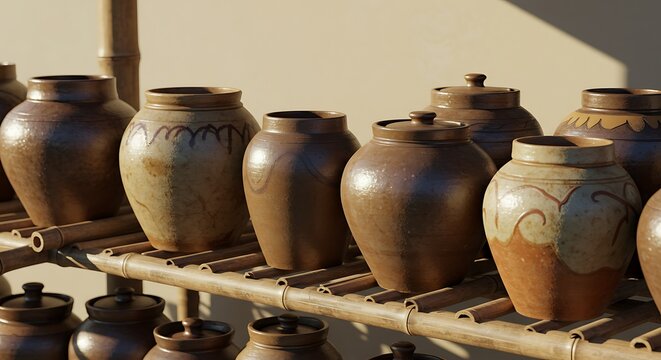 Ceramic jars displayed on bamboo shelves under warm sunlight