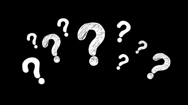 Hand-drawn, multiple, white, question, marks, animation, on, black, background, perfect, for, FAQ, support, confusion, curiosity, and, creative, digital, storytelling, video, overlays.
