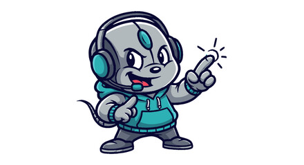 Obraz premium Cartoon mouse character with headset pointing finger illustration isolated