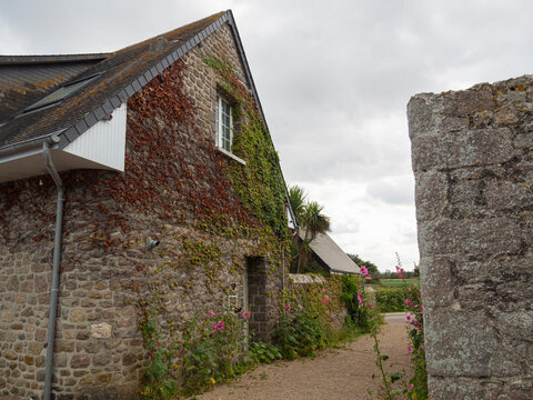 Vista de una casa t&iacute;pica con muro de piedra y plantas alrededor de ventana y puerta en el pueblo bonito franc&eacute;s de Barfleur, viajando por la costa de Normand&iacute;a en verano de 2022