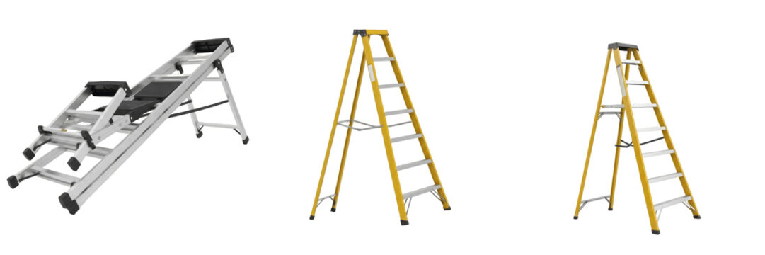 Set and collection of professional aluminum stepladders and yellow fiberglass extension ladders isolated on white transparent png background