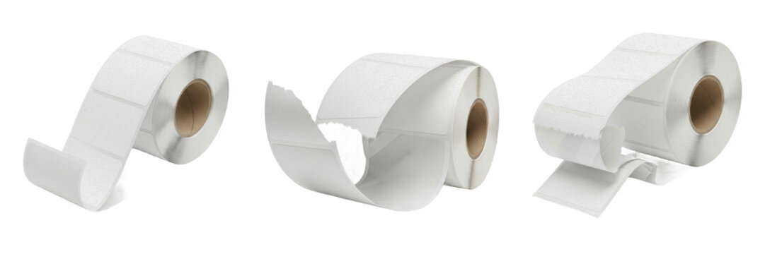 Set and collection of blank white adhesive thermal label rolls for barcode printer and shipping isolated on white transparent png background