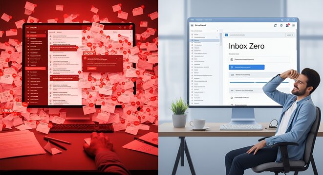 Half-image contrast: left side inbox flooding with unread emails glowing red; right side inbox zero clean interface soft blue tones relaxed professional posture