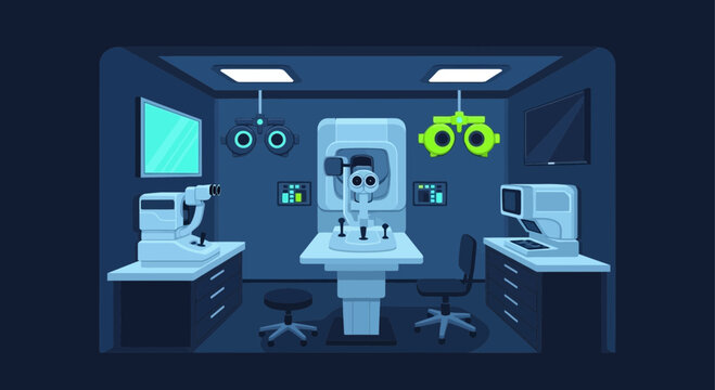 Eye Examination Room Illustration With Equipment Showing Eye Care Diagnosis and Treatment