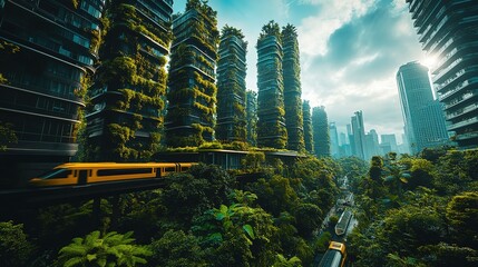Obraz premium Sustainable Urban Landscape with Green - Covered Skyscrapers and a Moving Train