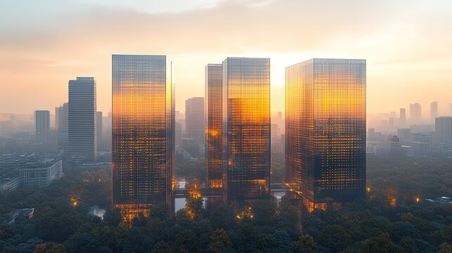 Skyscrapers with Reflective Glass Facades at Sunset in Urban Landscape