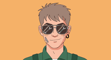 Fototapeta premium Cartoon portrait of a man with sunglasses and a green shirt against orange background