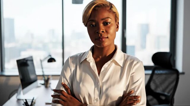 Confident businesswoman standing with arms crossed in a modern office space with a city view