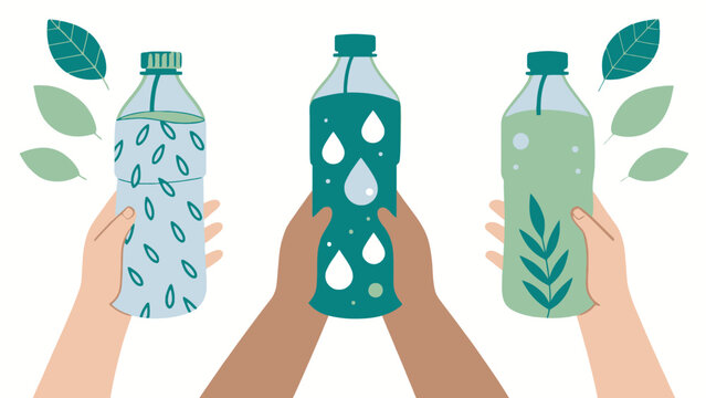 Diverse hands holding eco-friendly reusable water bottles with leaves