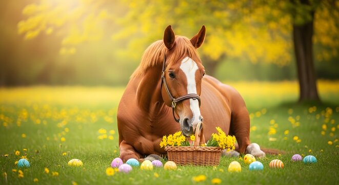 Easter horse in a field of flowers with colorful eggs