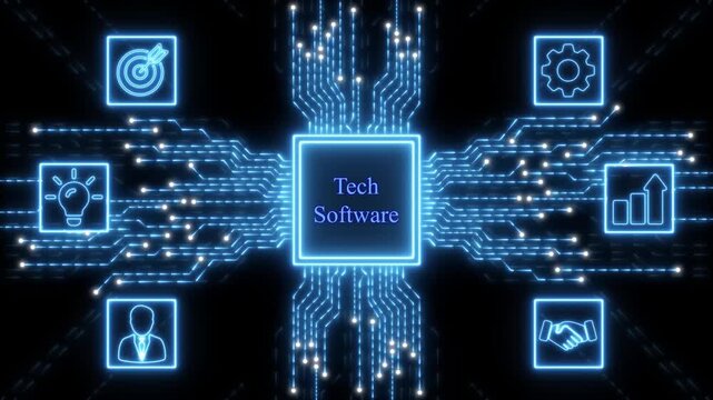 Digital Tech Software with Icons and Circuit Board