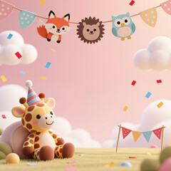 Fototapeta premium A 3D cartoon giraffe in a party hat sits on a grassy field surrounded by colorful confetti and bunting, with a fox, lion, and owl hanging above.