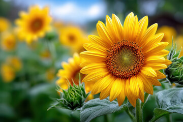 Obraz premium Close Up of Sunflower in Field with Blurred Background