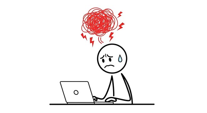 A stick figure person is stressed and overwhelmed while working on a laptop, with a red scribble representing their confused thoughts above their head.