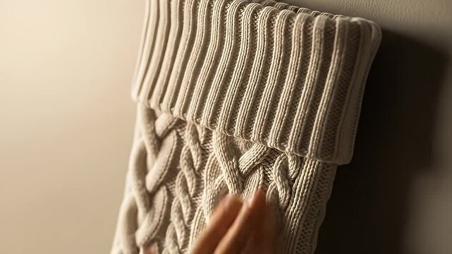 A hand gently touches a knitted fabric, highlighting its texture and warmth.