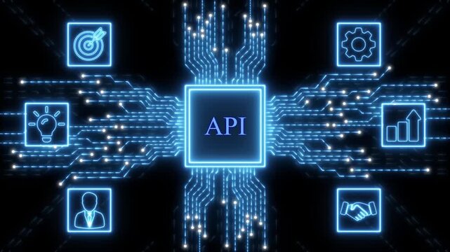 Central CPU with API text and surrounding business icons