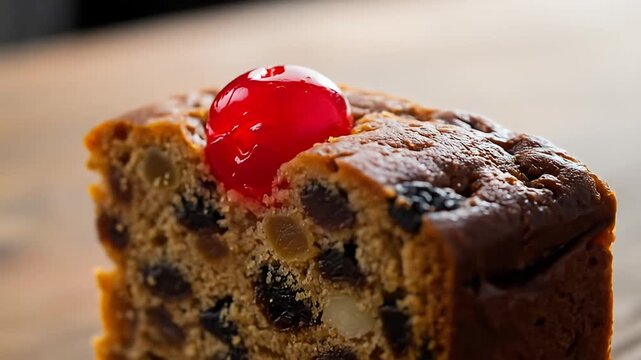A close-up shot of a delicious fruitcake with a cherry on top, perfect for holiday celebrations.