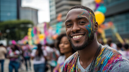 Fototapeta premium Colorful street festival celebration featuring a painted man enjoying a vibrant cultural parade with festive colors, defocused crowd background, street carnival concept, cultural