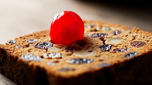A close-up shot of a delicious fruitcake slice topped with a vibrant red glac? cherry, showcasing its rich texture and dried fruit inclusions.