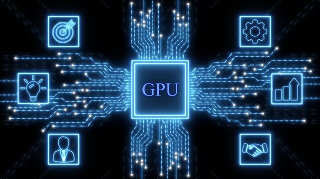 Central GPU chip with surrounding business and technology icons