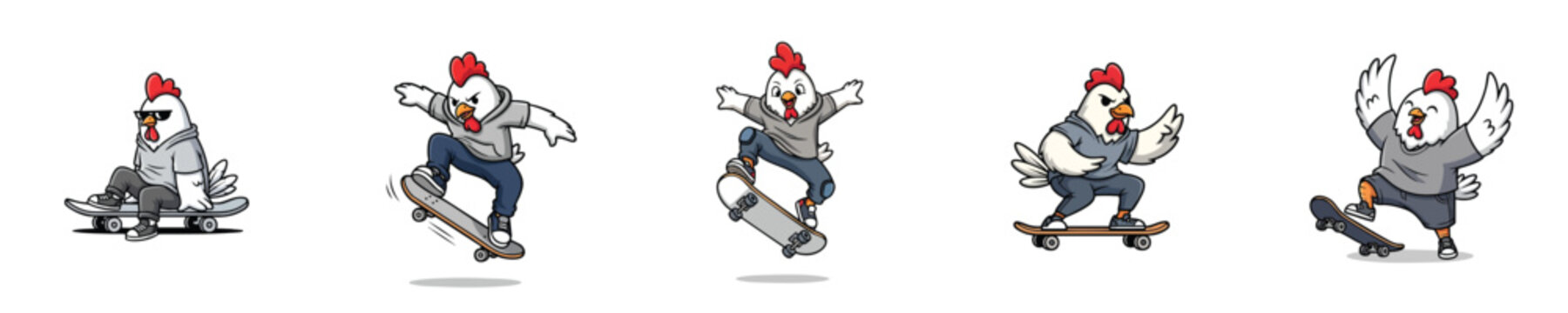 Skateboarding Mascot Chicken Character Flat Vector Action Set