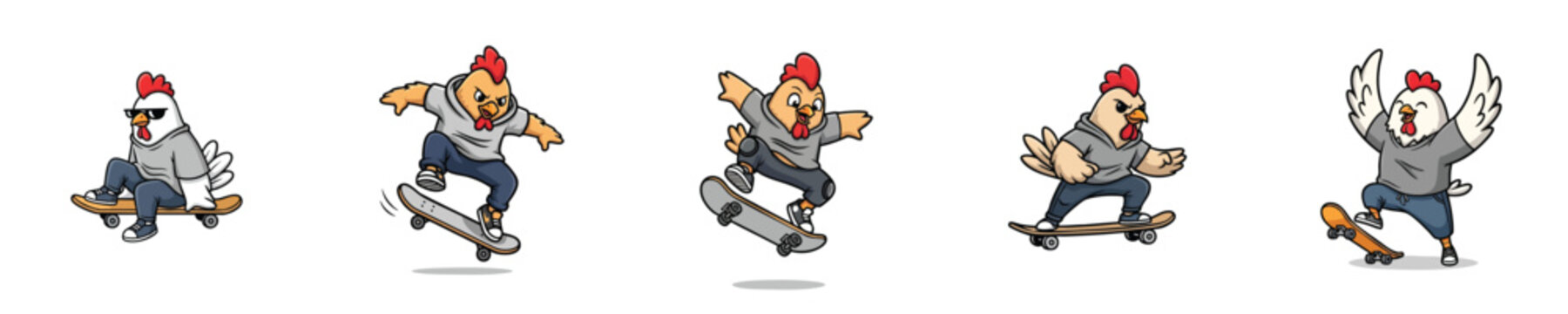 Urban Skateboarding Chicken Mascot Character Flat Vector Set