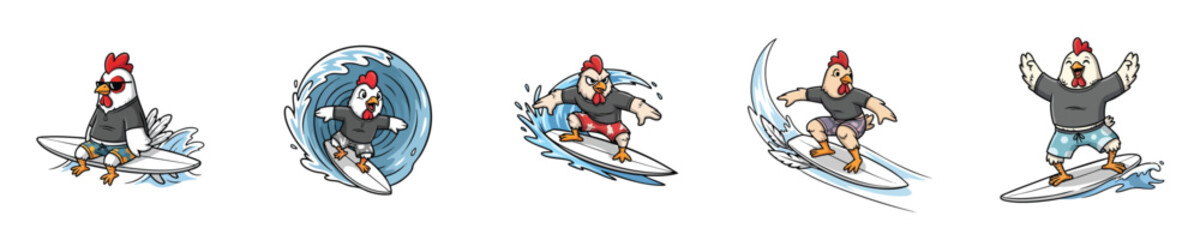 Naklejka premium Summer Surfing Rooster Mascot Flat Vector Character Collection