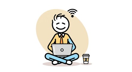 Fototapeta premium A happy stick figure person sitting cross-legged with a laptop and a coffee cup, enjoying a Wi-Fi connection.