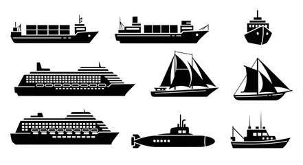 Collection of various ship and boat silhouettes on white background. © Vita