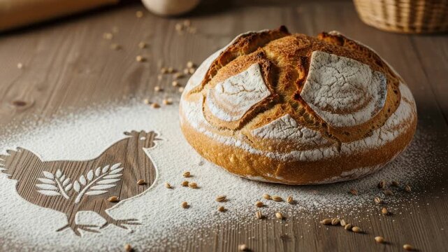 Artisanal loaf of bread with hen flour design on wooden table