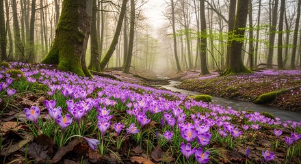 Fototapeta premium Vibrant field of purple flowers blooming in a tranquil forest landscape