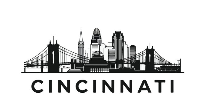 Black silhouette of Cincinnati city skyline with notable buildings and bridges on a white background.