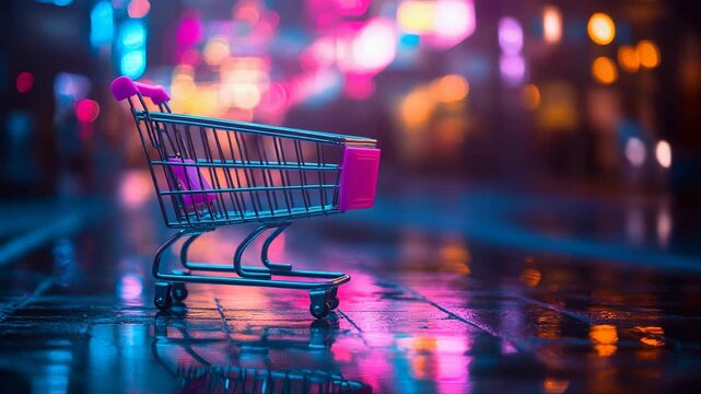 Metallic shopping cart placed on reflective wet ground in a glowing neon cyberpunk street at night, futuristic retail, digital marketplaces, modern economy, consumption, evolving concept of commerce.