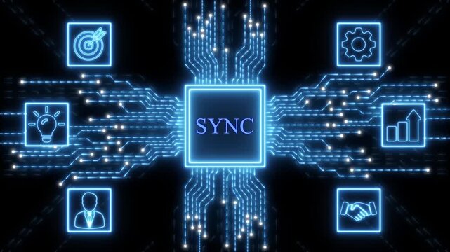 Digital Sync Circuit Board with Business Icons synchronization