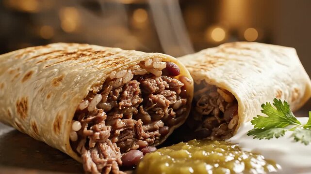Close up of a filled tortilla wrap with meat and vegetables garnished with sauce and herbs