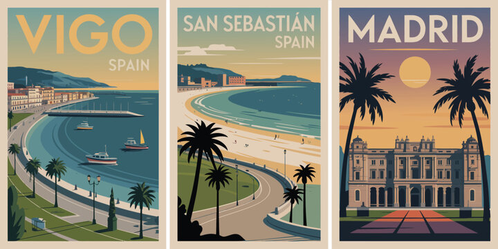 Vigo Spain Wall Art, curved coastline scene with coral text and vintage San Sebasti&aacute;n travel poster style
