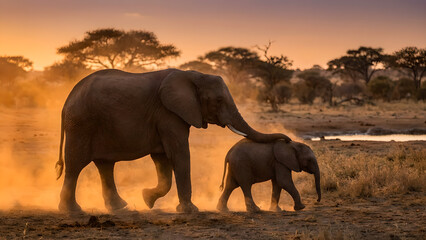 Fototapeta premium Elephants in the golden hour: Mothers and calves in a serene savanna landscape
