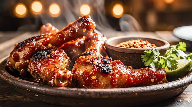 Close up of cooked chicken drumsticks on a rustic plate