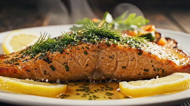 Close up of cooked salmon fillet with lemon and herbs on plate