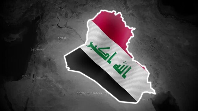 Iraq Map Flag Outline on Gray Background with Neighboring Countries Labeled