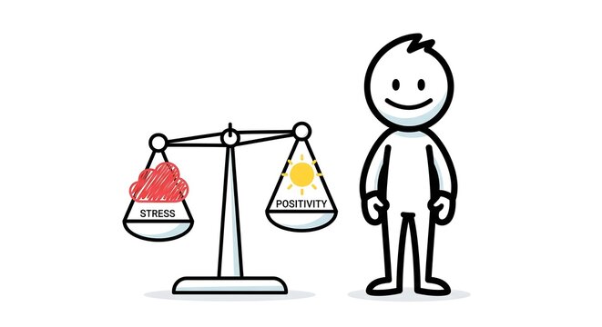 A simple cartoon character stands beside a scale balancing stress and positivity, illustrating mental well-being.