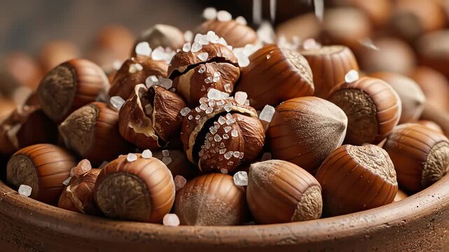 Close up of fresh roasted hazelnuts sprinkled with sea salt