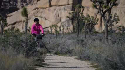 Fototapeta premium Mature woman bikes along dirt paths in Joshua Tree National Park in California while exploring the natural beauty of the area