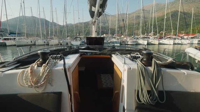 View Of Ships Preparing At Harbor. Early Morning View With Vessels And Calm Surroundings. Quiet Marina With Ships Ready And Morning Light Casting Peaceful Glow