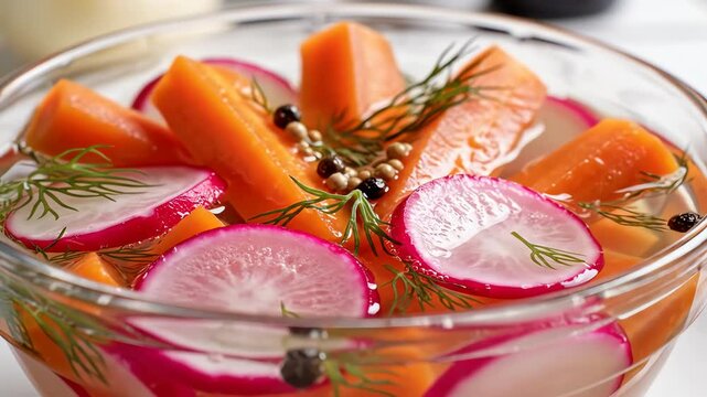 Close up of pickled vegetables in glass bowl with clear liquid