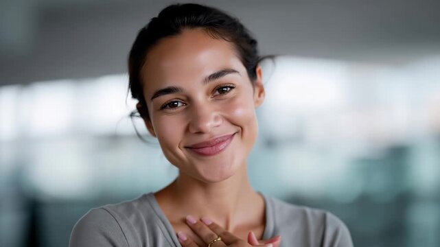 portrait crop of woman creating heart shape with fingers, hands perfectly sharp and detailed, natural skin texture visible, clean nails, soft smile blurred behind hands